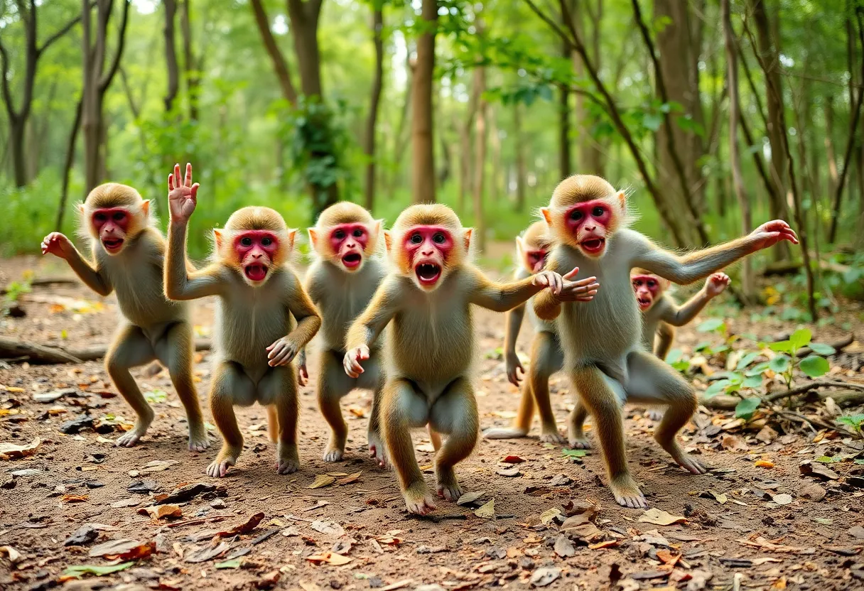 Playful rhesus macaques in a forested area