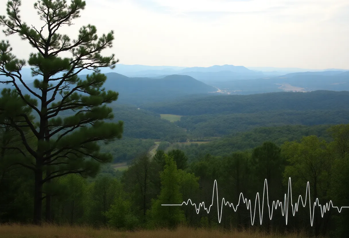 Artistic depiction of Oconee County with seismic activity indicators