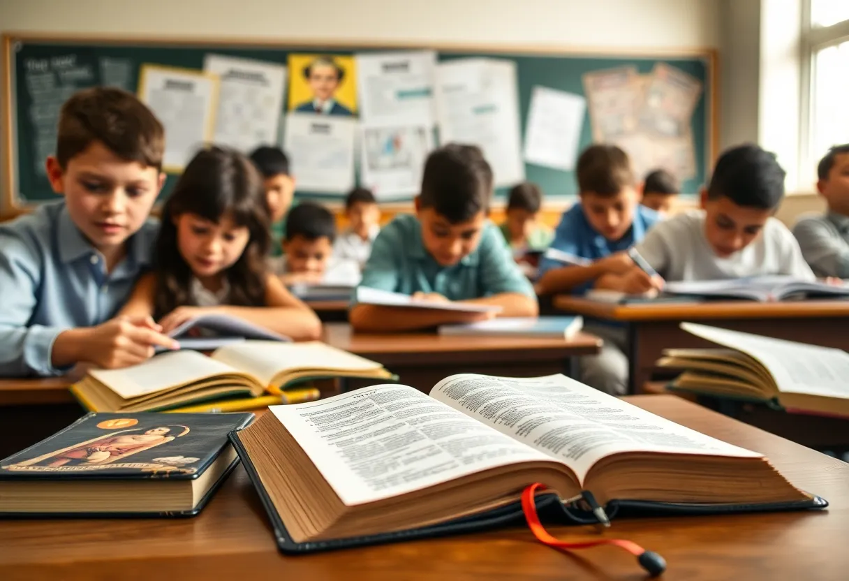Students in a classroom learning with a Bible on the desk
