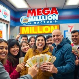 Lottery players celebrating in a convenience store for Mega Millions