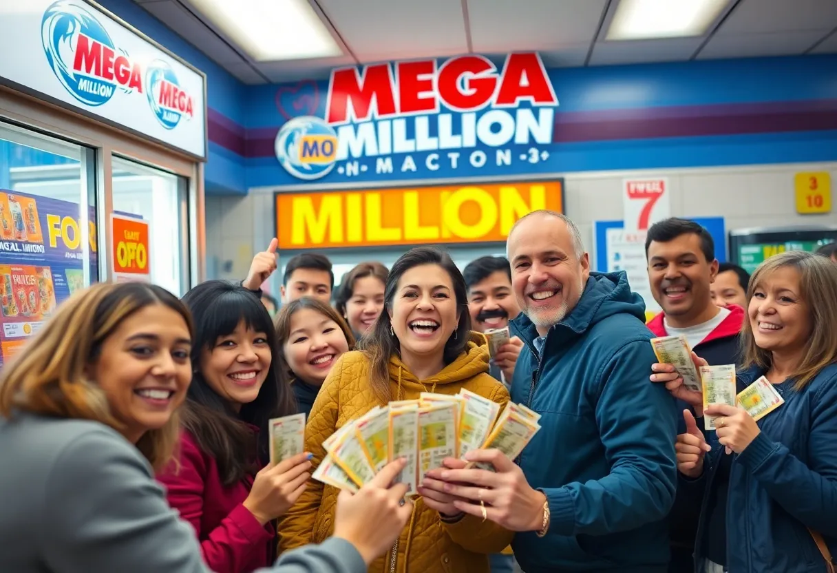 Lottery players celebrating in a convenience store for Mega Millions