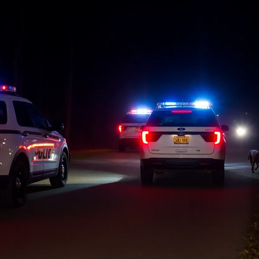 Law enforcement vehicles in pursuit during a night police chase