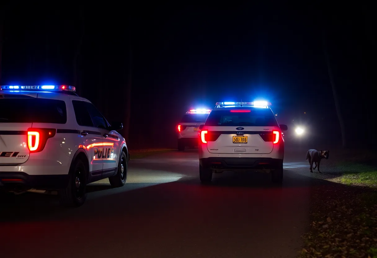Law enforcement vehicles in pursuit during a night police chase