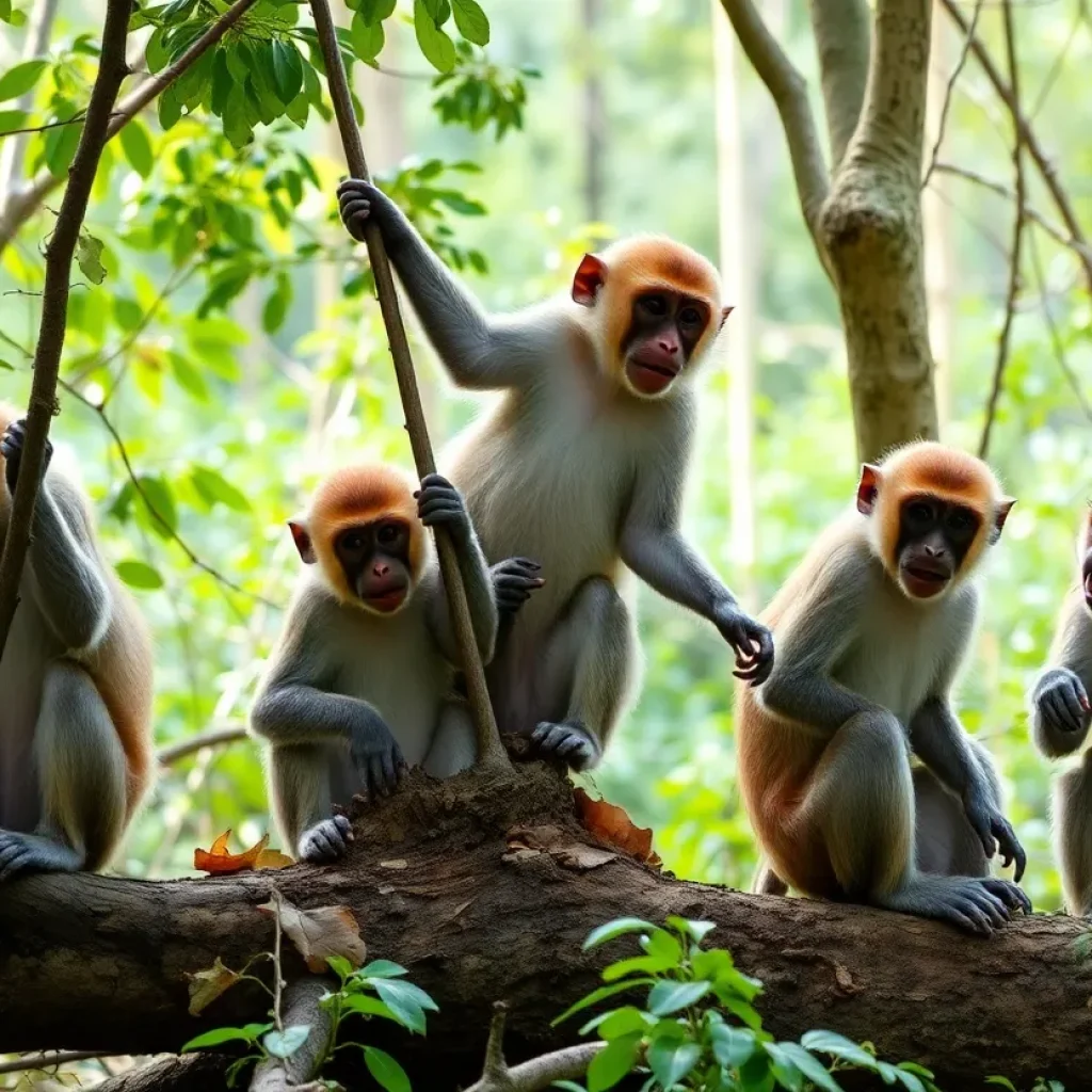 Young rhesus macaque monkeys playing in a natural setting