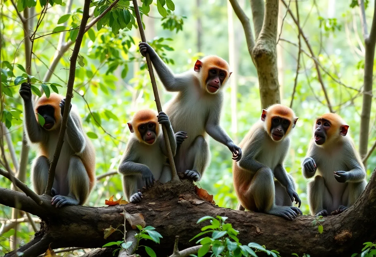Young rhesus macaque monkeys playing in a natural setting