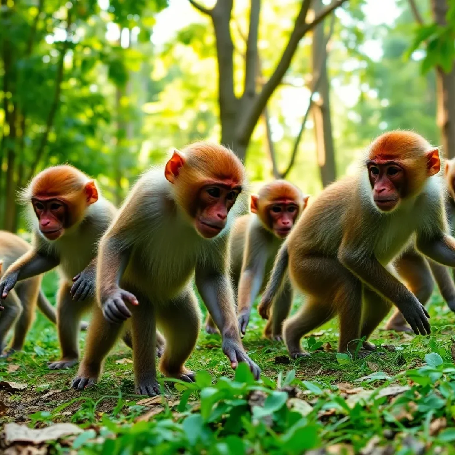 Playful rhesus macaques in a forest setting