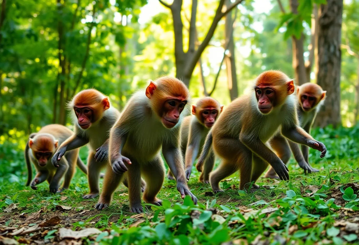 Playful rhesus macaques in a forest setting