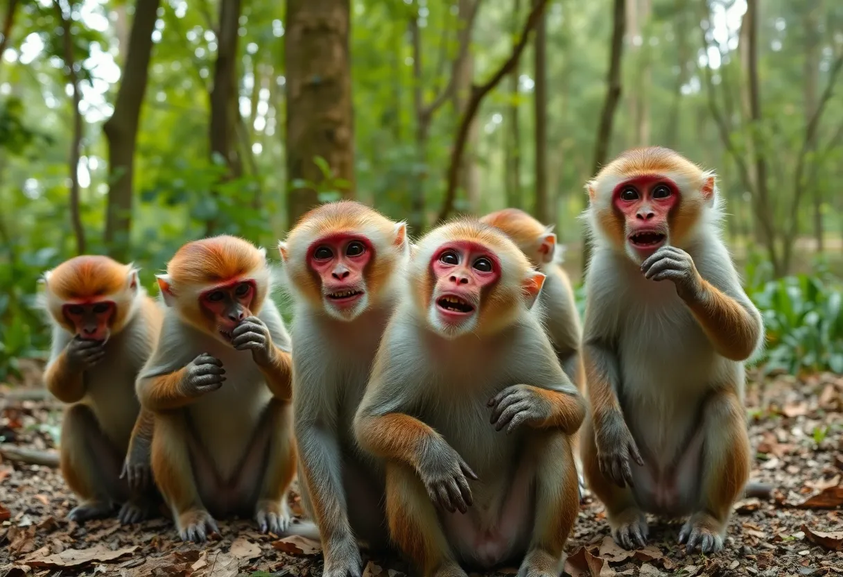A group of rhesus macaques exploring their natural habitat