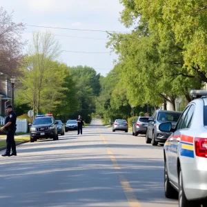 A serene street in Rock Hill with police presence and homes.
