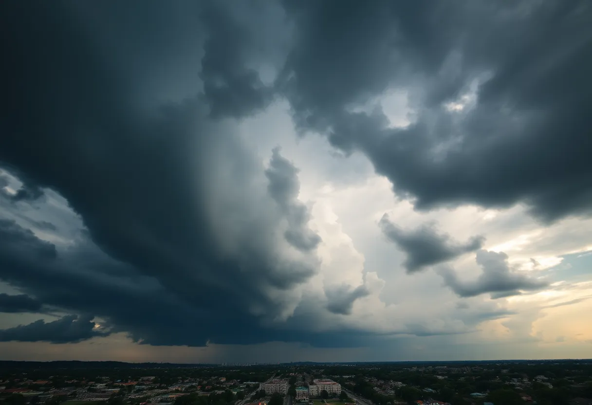 Dark storm clouds over Columbia city landscape indicating severe weather.