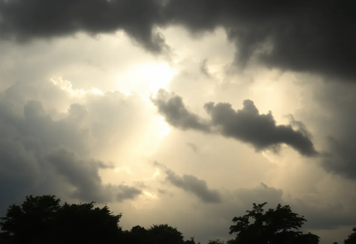 Dark storm clouds over Columbia, South Carolina during severe weather