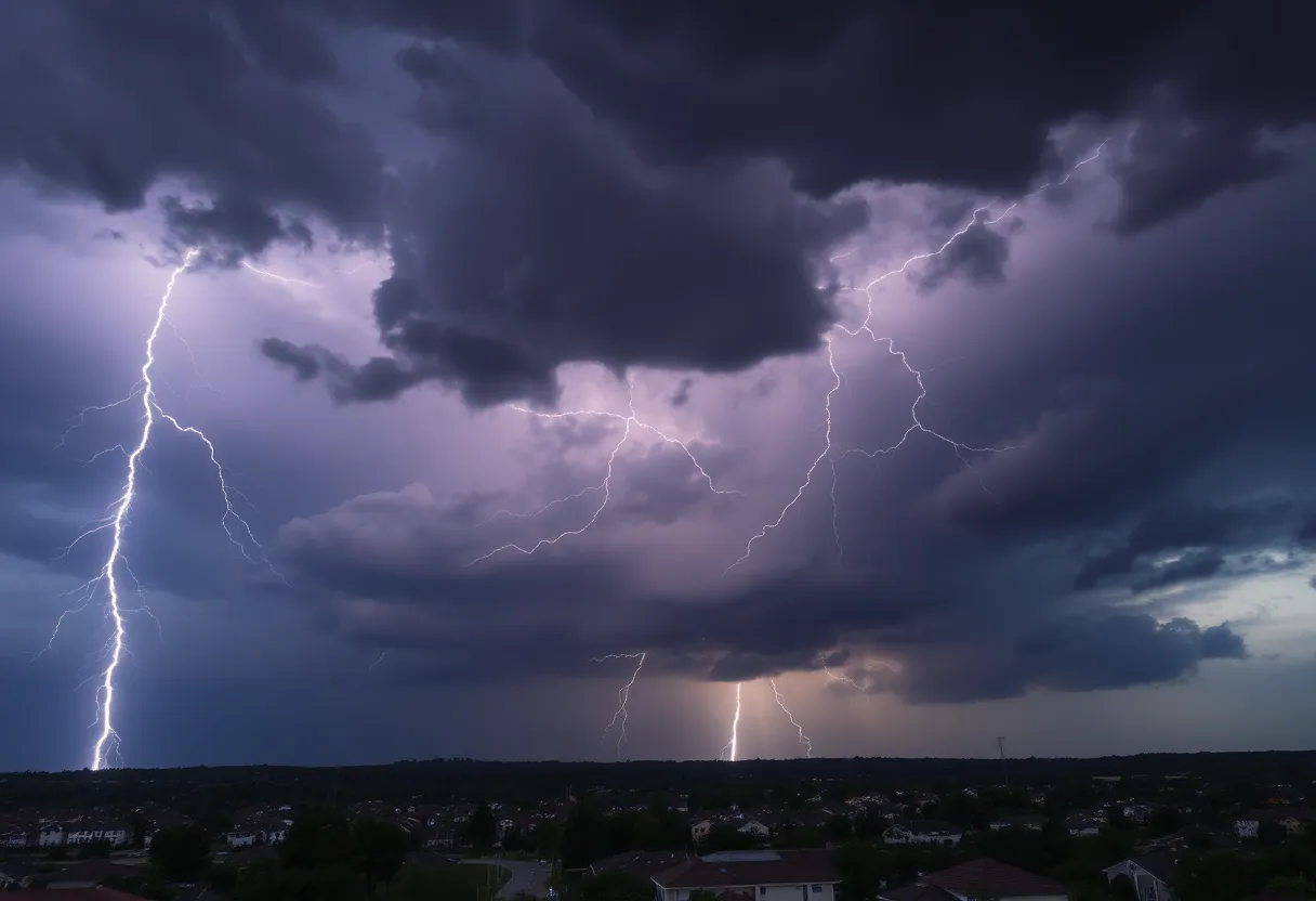 Dark storm clouds with lightning indicative of severe weather approaching