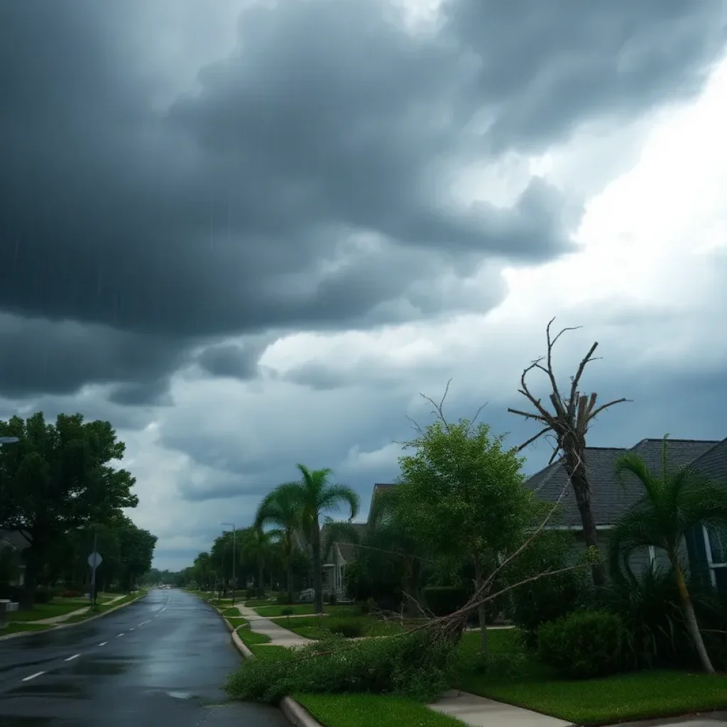 Stormy weather with dark clouds and heavy rain in a suburban area