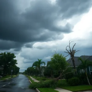 Stormy weather with dark clouds and heavy rain in a suburban area