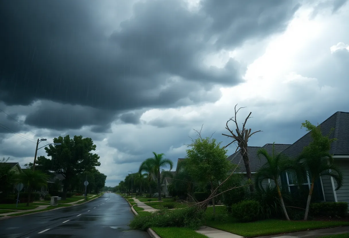 Stormy weather with dark clouds and heavy rain in a suburban area