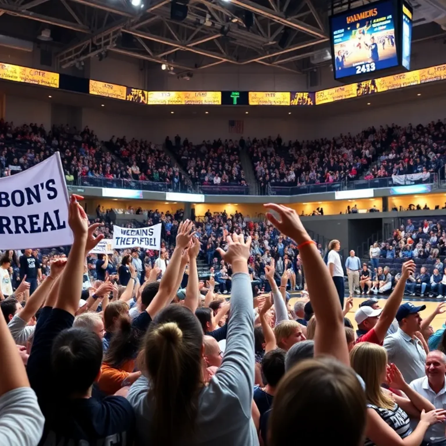 Fans celebrating in the arena after South Carolina wins the SEC Tournament
