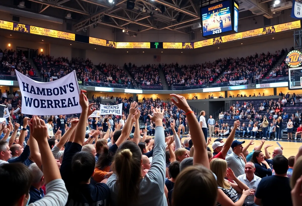 Fans celebrating in the arena after South Carolina wins the SEC Tournament
