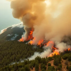 Aerial view of a wildfire near Myrtle Beach, South Carolina.