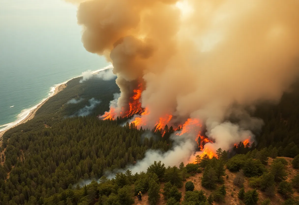 Aerial view of a wildfire near Myrtle Beach, South Carolina.