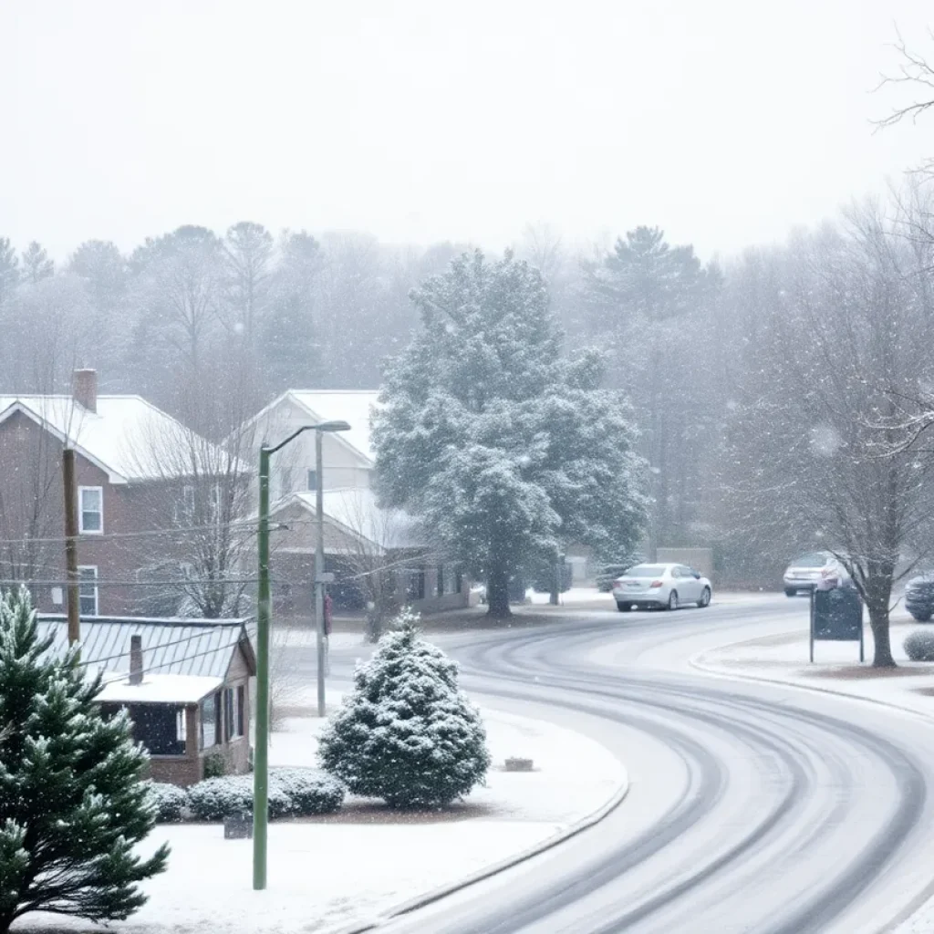 Snow-covered trees and houses in South Carolina during winter weather