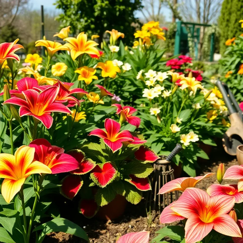 A colorful spring garden with blooms and gardening tools in Greenwood.