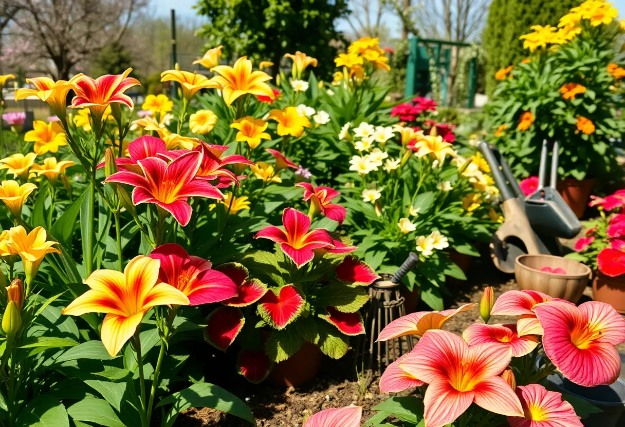 A colorful spring garden with blooms and gardening tools in Greenwood.