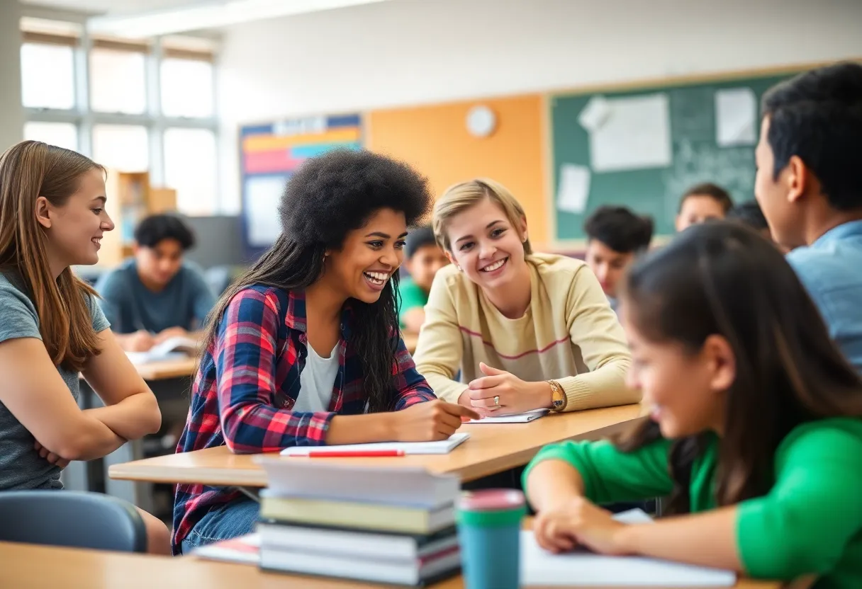 Classroom scene with students actively participating in learning activities.