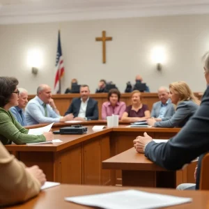 Community members participating in a town council meeting in Ninety Six.
