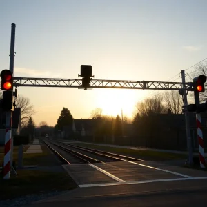 Warning signals at a train crossing with a sunrise