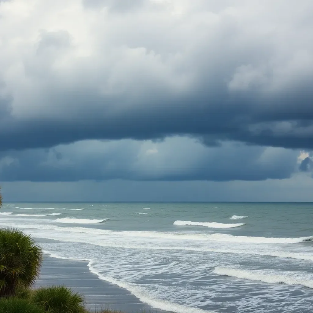 Cloudy skies and choppy waters in Charleston with storm clouds looming