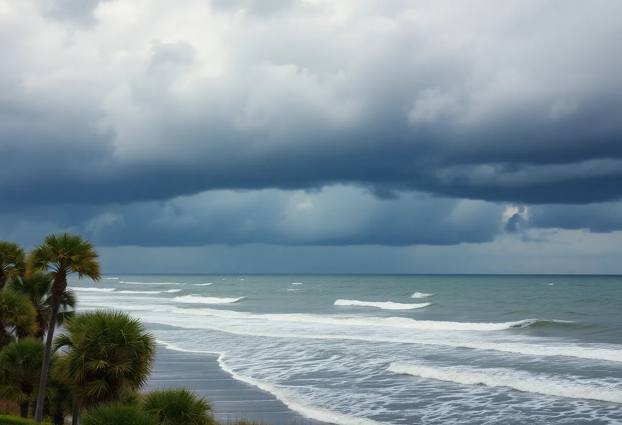 Cloudy skies and choppy waters in Charleston with storm clouds looming