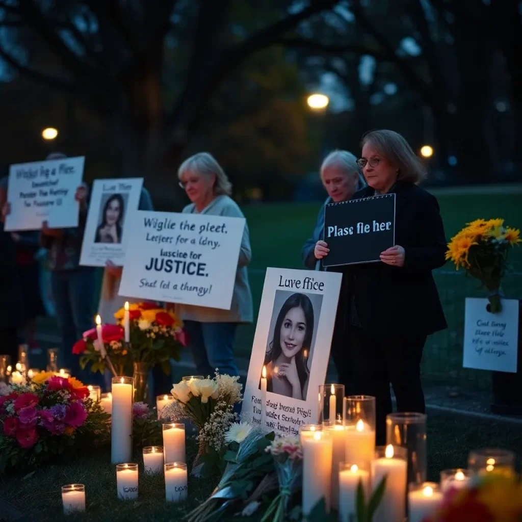 Community vigil for a missing person with candles and flowers