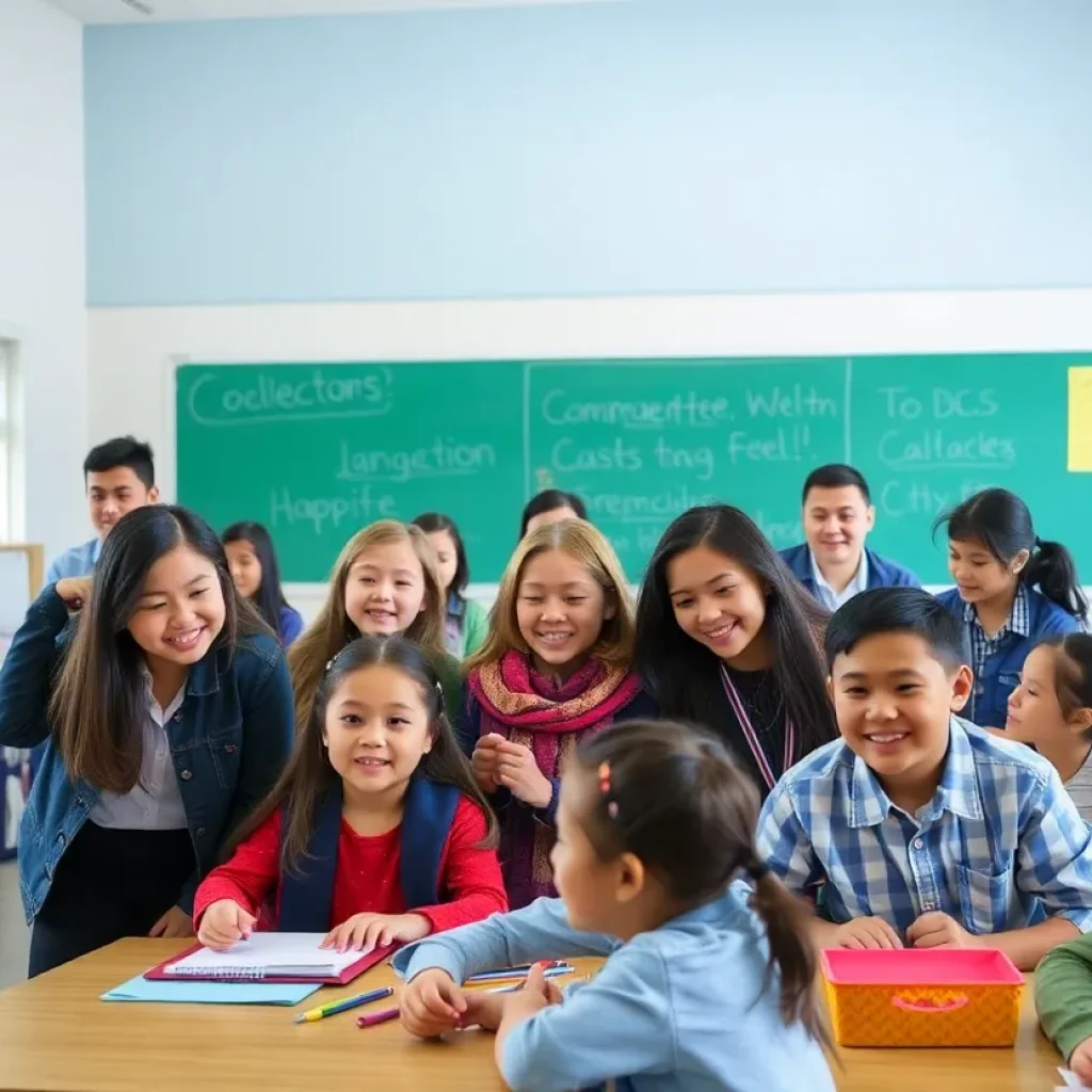Enthusiastic teachers and students in a school setting