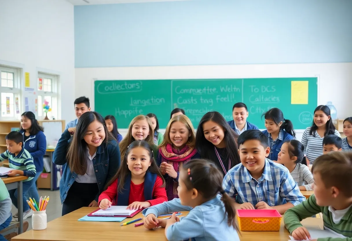 Enthusiastic teachers and students in a school setting