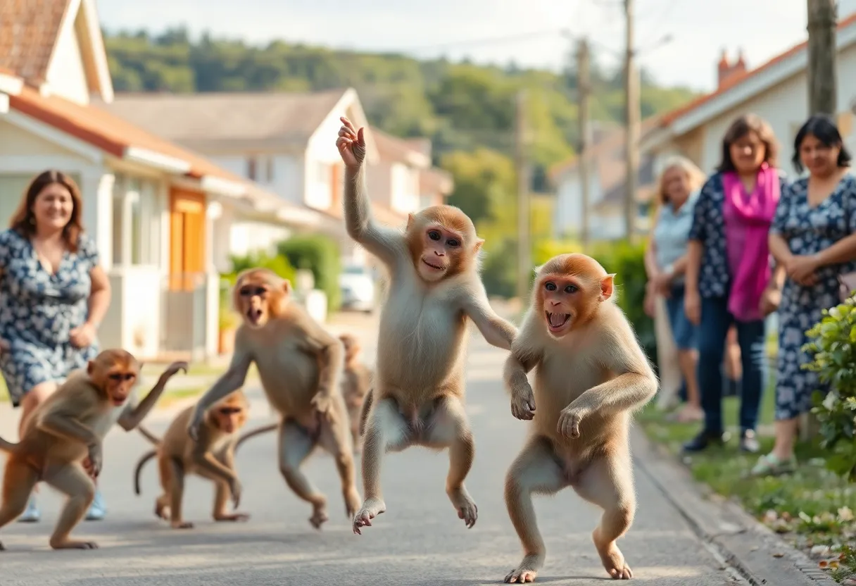 Monkeys escaping in Yemassee town while residents watch in amusement.