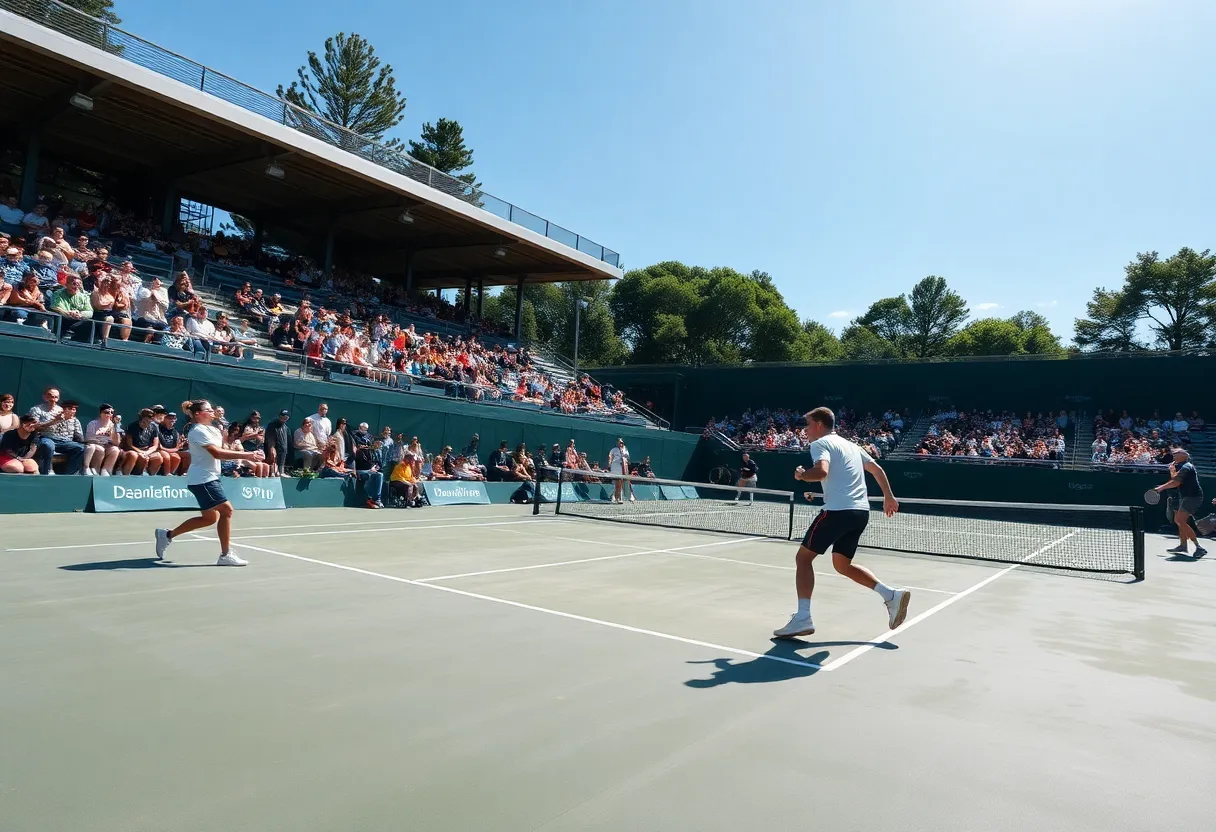 Players from the Augusta University women's tennis team competing in a match