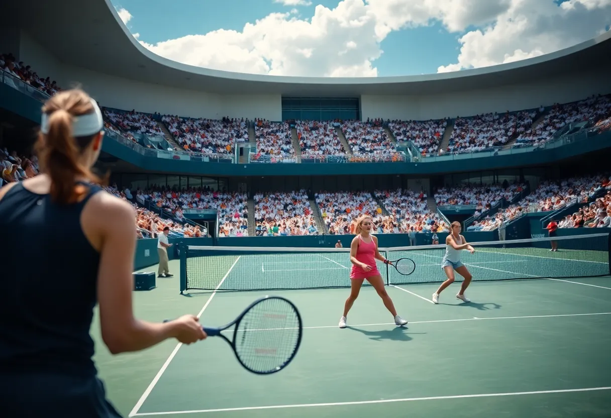 Women tennis players from Augusta University celebrating their victory on the court