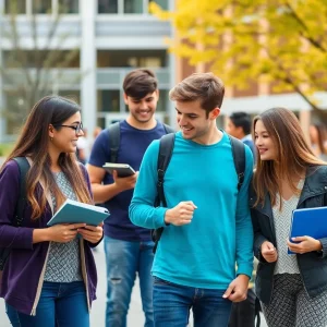 Students engaged in academic activities at a university campus.