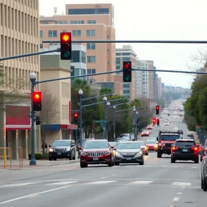 City street in Columbia, South Carolina focusing on traffic safety.