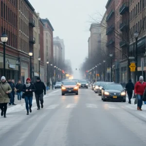 Snow and ice accumulating on a Columbia, SC street during winter weather advisory.