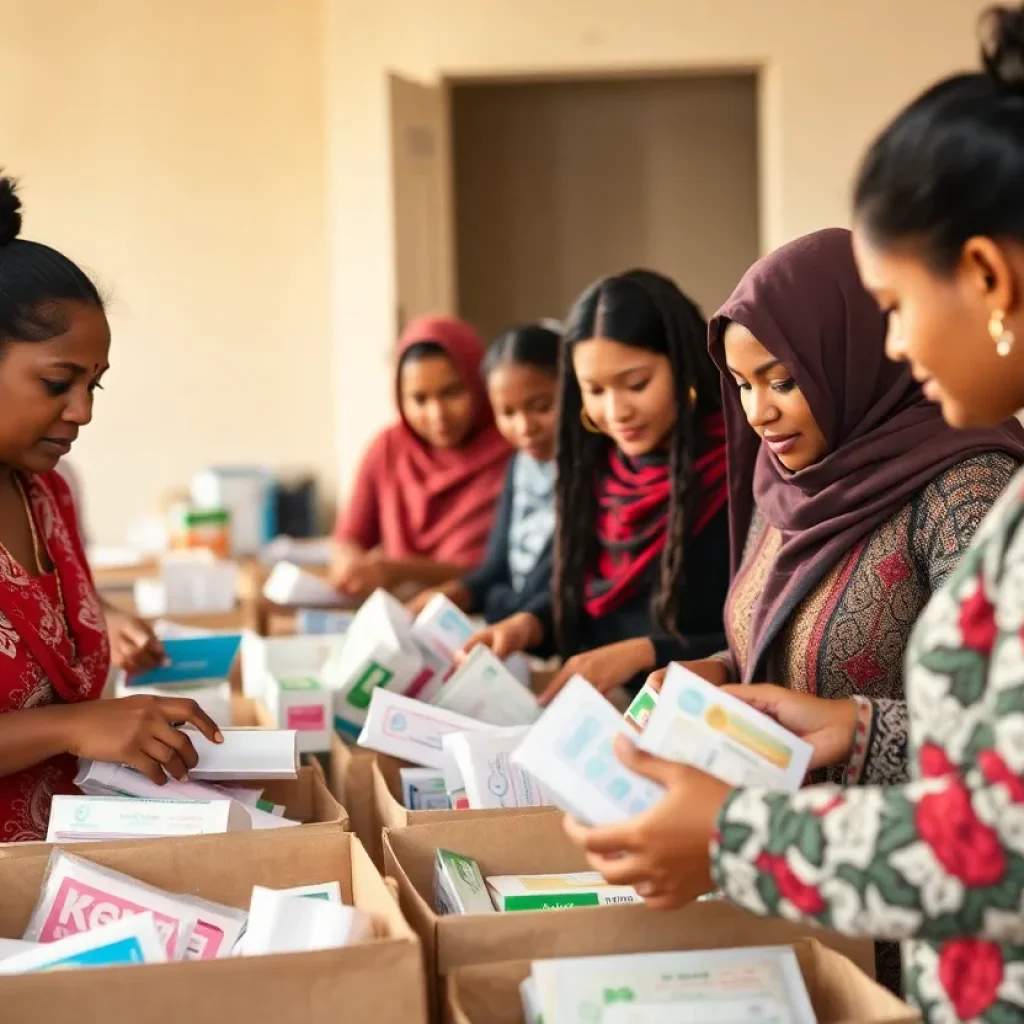 Community members volunteering to pack menstrual hygiene products.