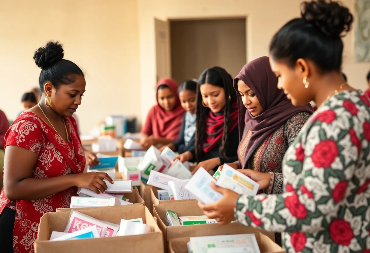 Community members volunteering to pack menstrual hygiene products.