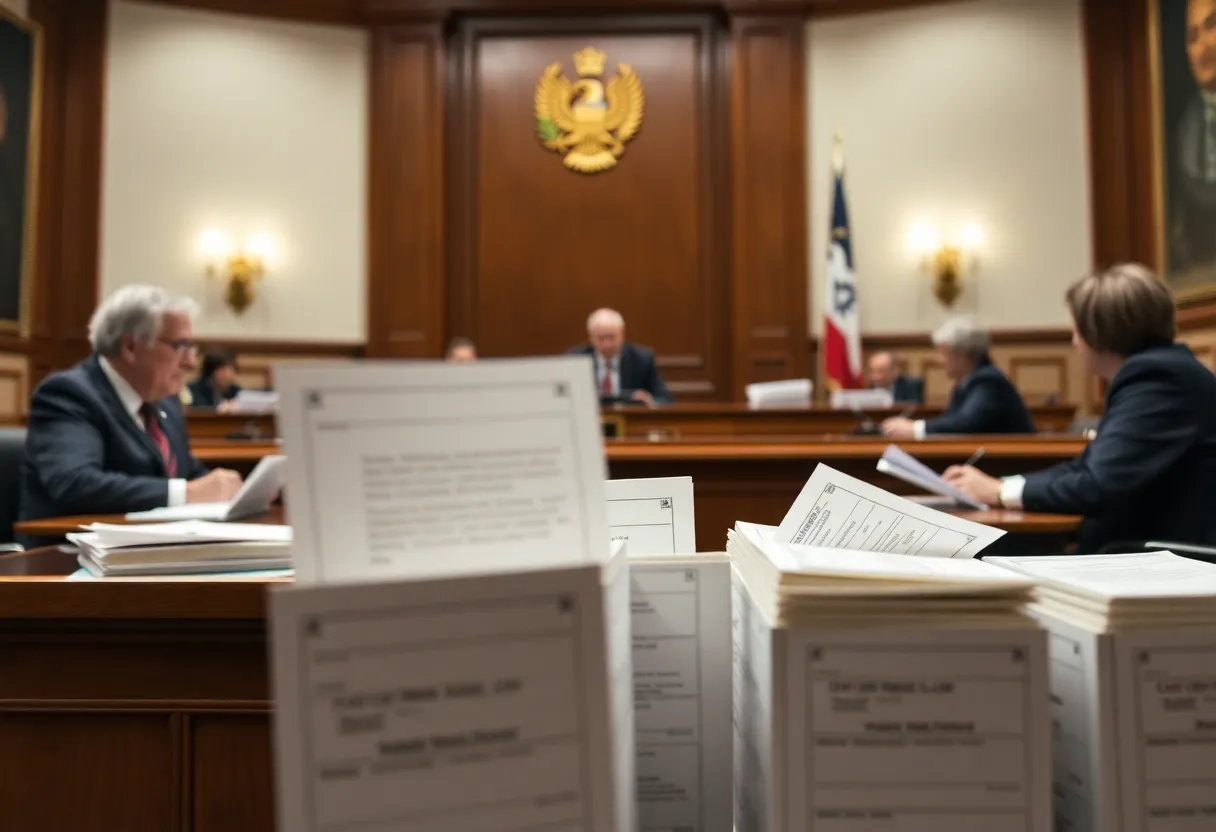 Judges in a courtroom deliberating on election ballots.