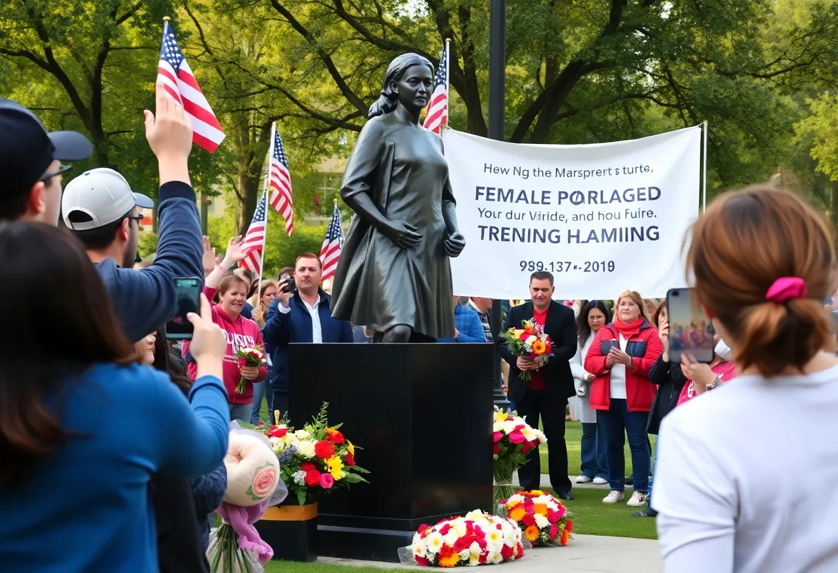Celebration scene at the statue unveiling with fans cheering