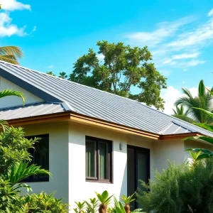 A modern house with a metal roof under a clear blue sky, surrounded by greenery.