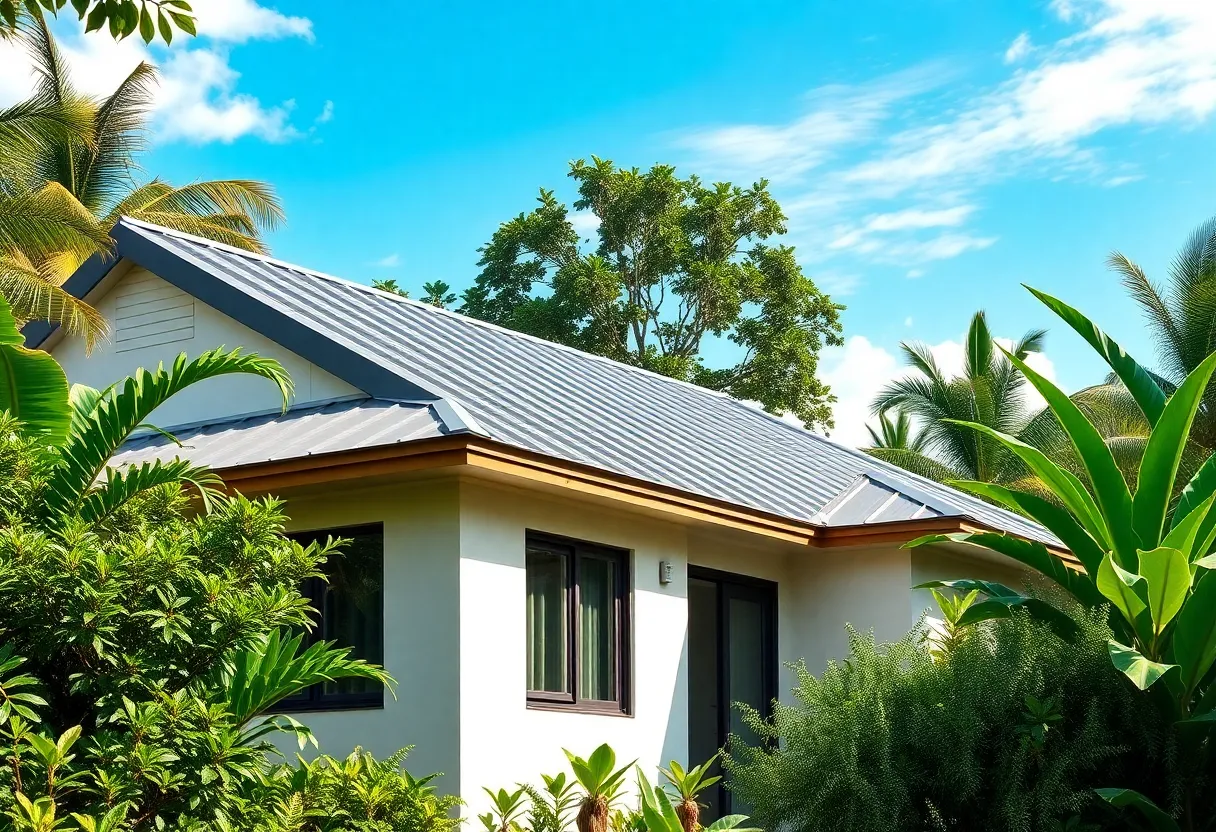 A modern house with a metal roof under a clear blue sky, surrounded by greenery.