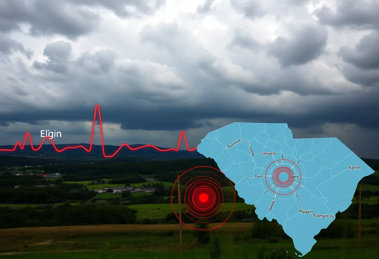 Map of South Carolina showing Elgin with seismic activity displays