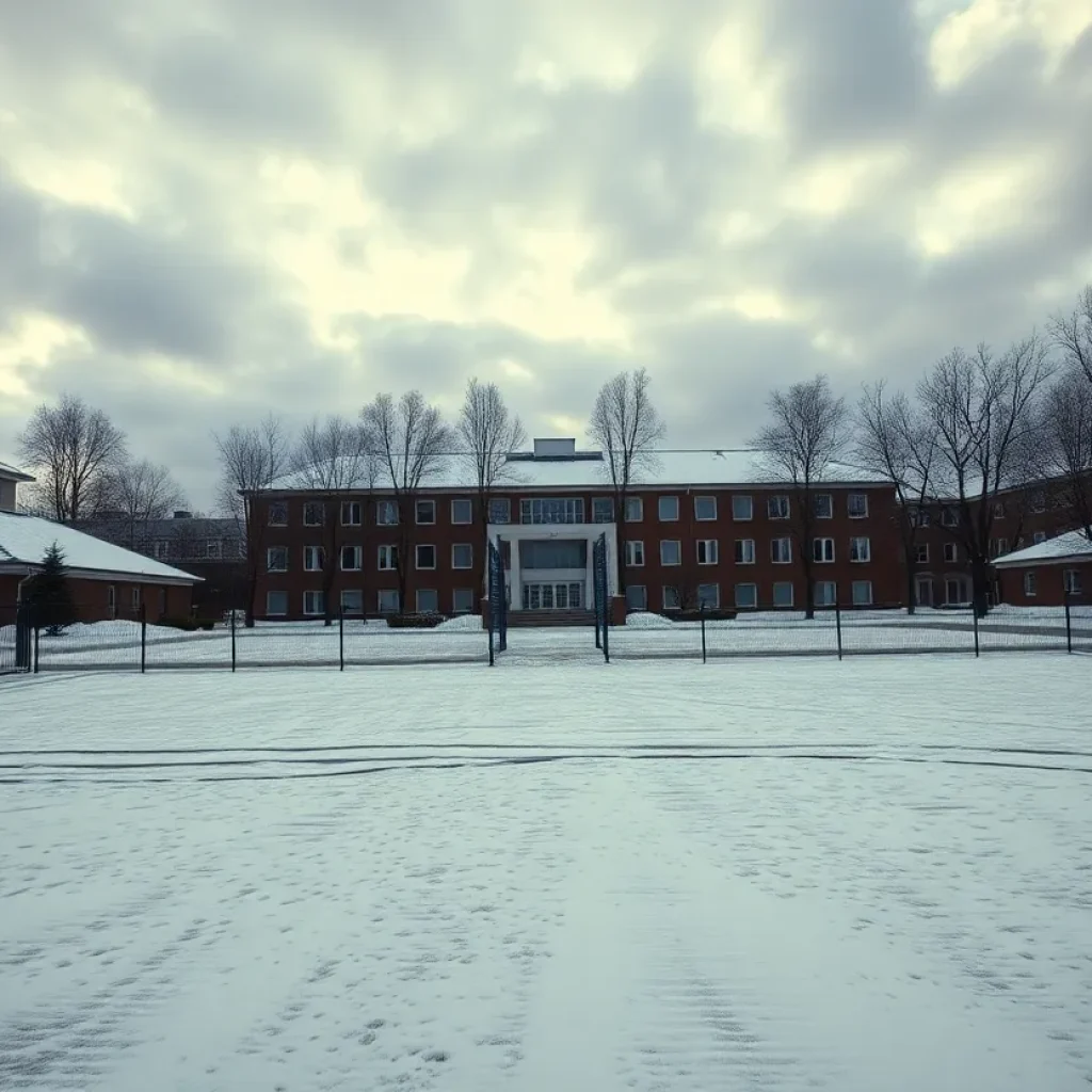 Snow-covered playground at a school during winter