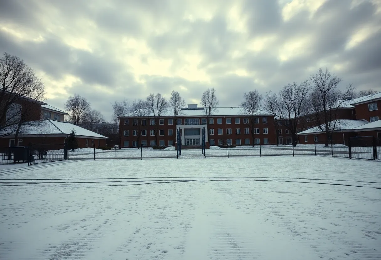 Snow-covered playground at a school during winter