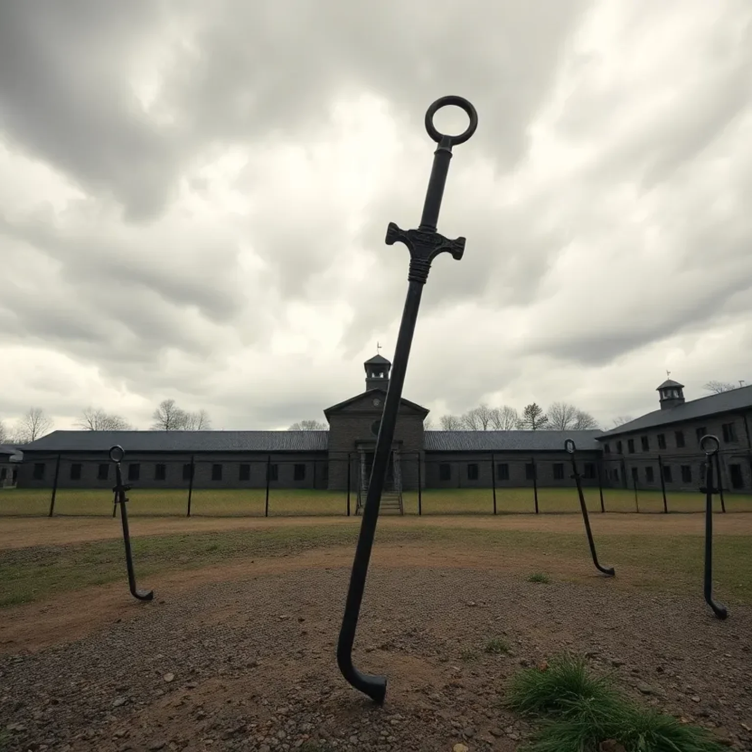 A representation of an empty execution yard with cloudy skies